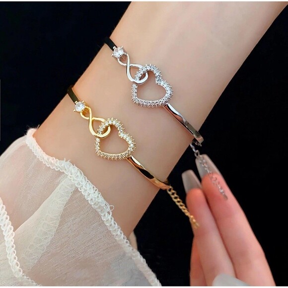 Infinity Heart Bracelet Cubic Zirconia Love Heart Link Adjustable Gold Plated - Picture 8 of 9
